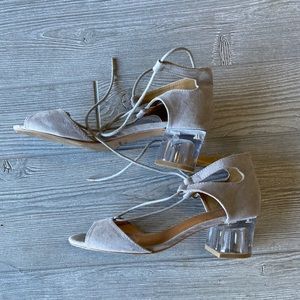 Qupid Open Toes Lace Up Suede Clear Heels. Size 7